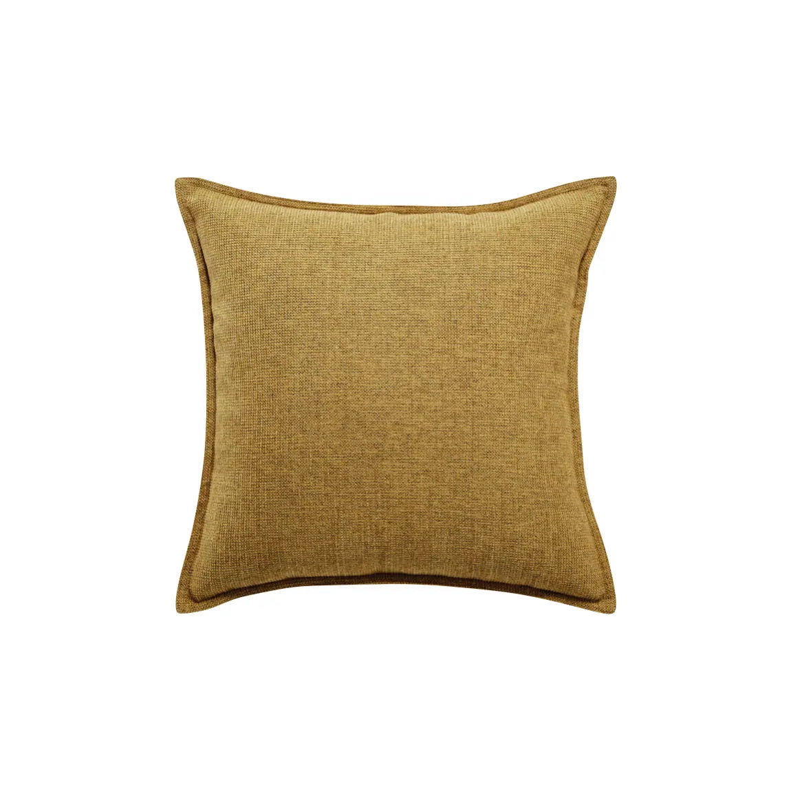 Ochre chenille cushion adding warmth and texture to Scandinavian inspired bedroom decor.