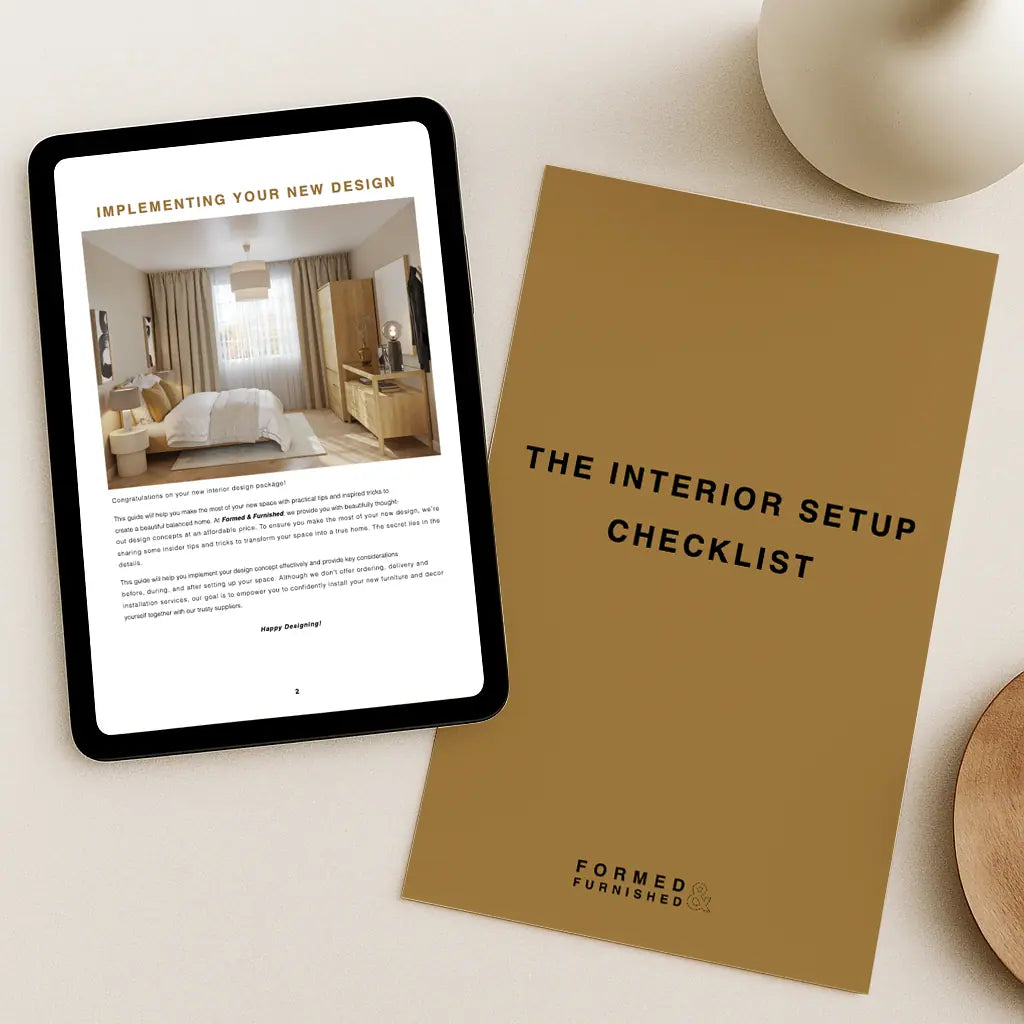 Interior setup checklist on a tablet and paper with 'Formed Furnished' branding.