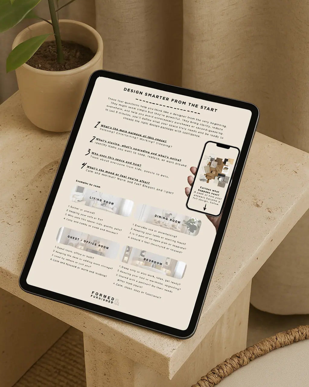 Tablet displaying a design software interface on a wooden surface with a plant in the background