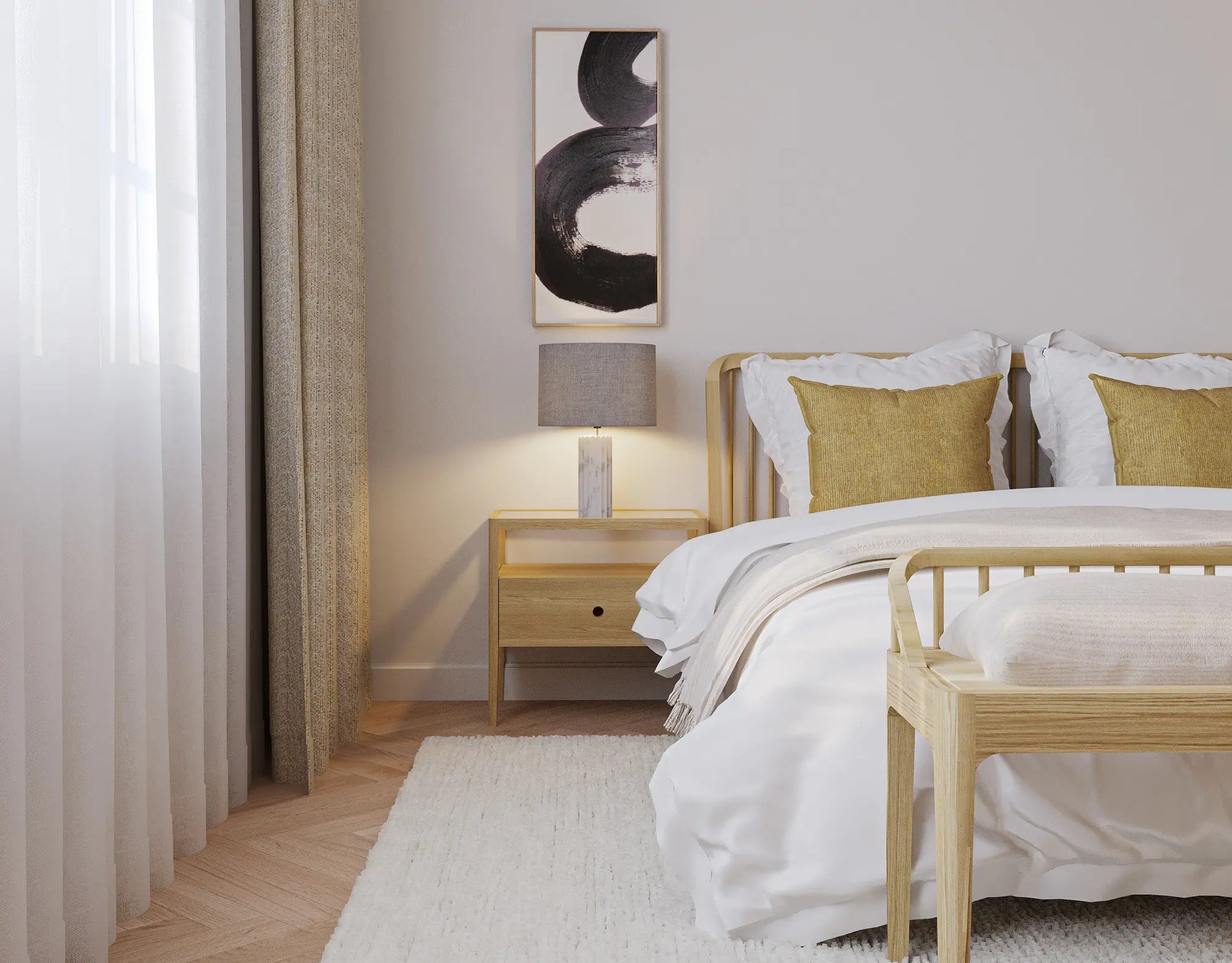 Scandi inspired bedroom with a bed, nightstand, and abstract art on the wall.
