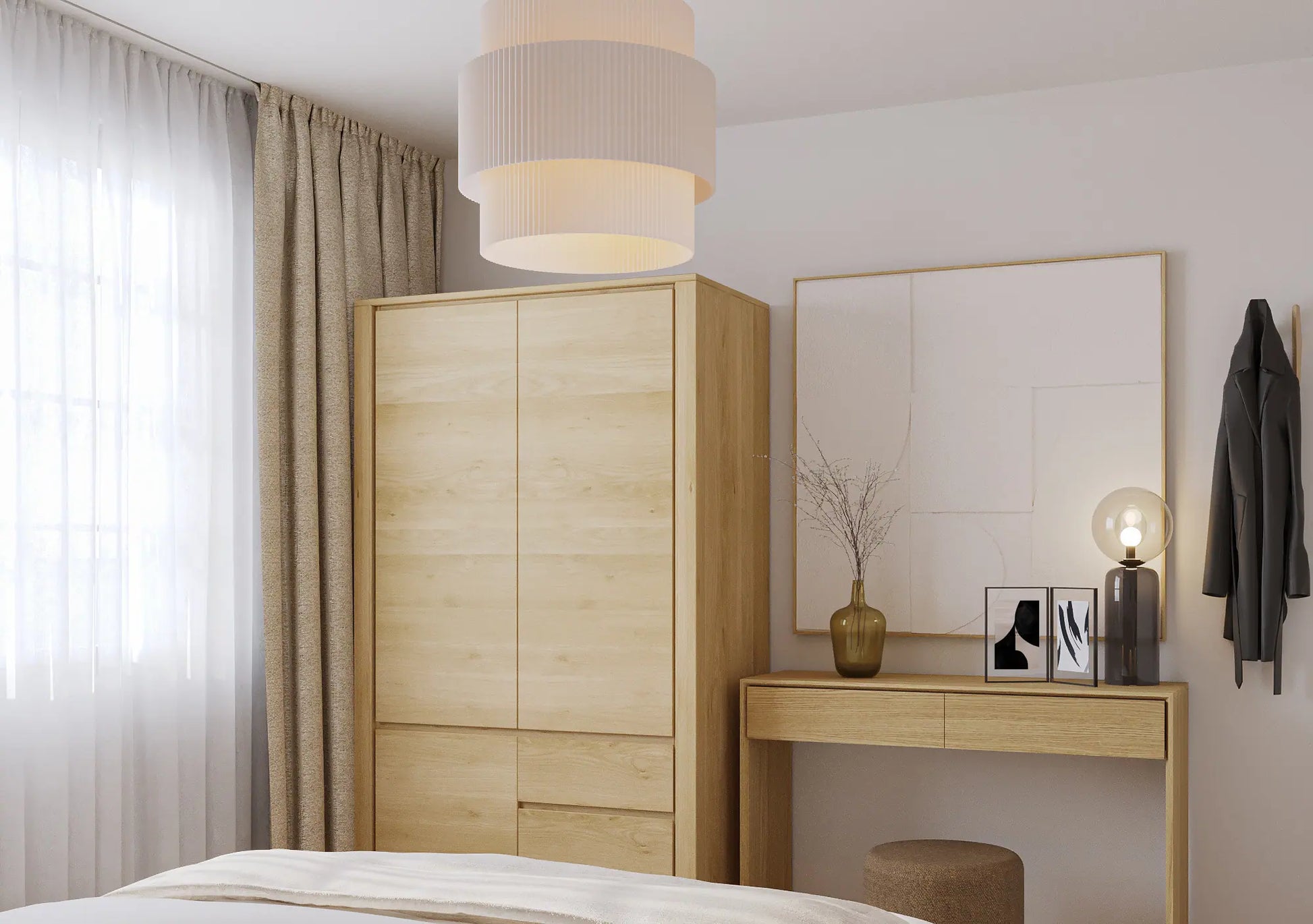 Neutral Scandi bedroom with light wood furniture, cozy bedding, and a calm atmosphere.