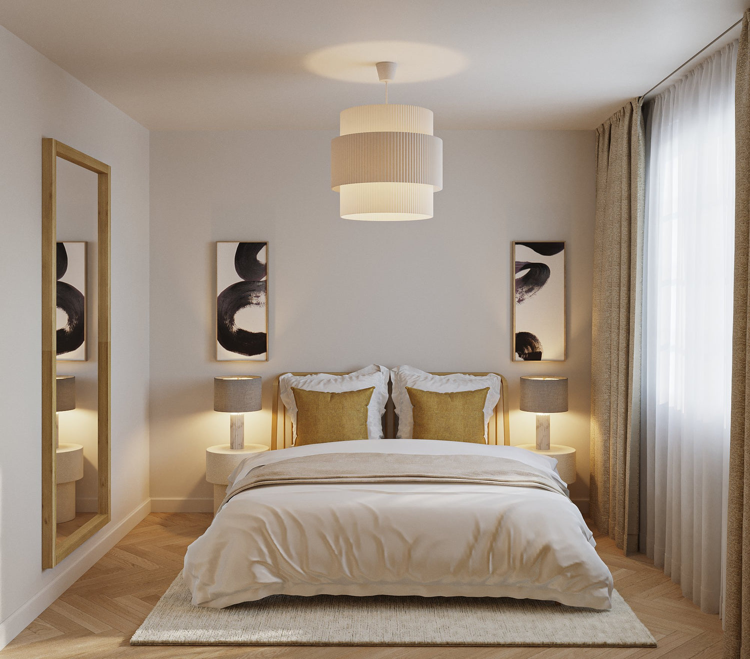 Neutral Scandi bedroom with light wood furniture, cozy bedding, and a calm atmosphere.