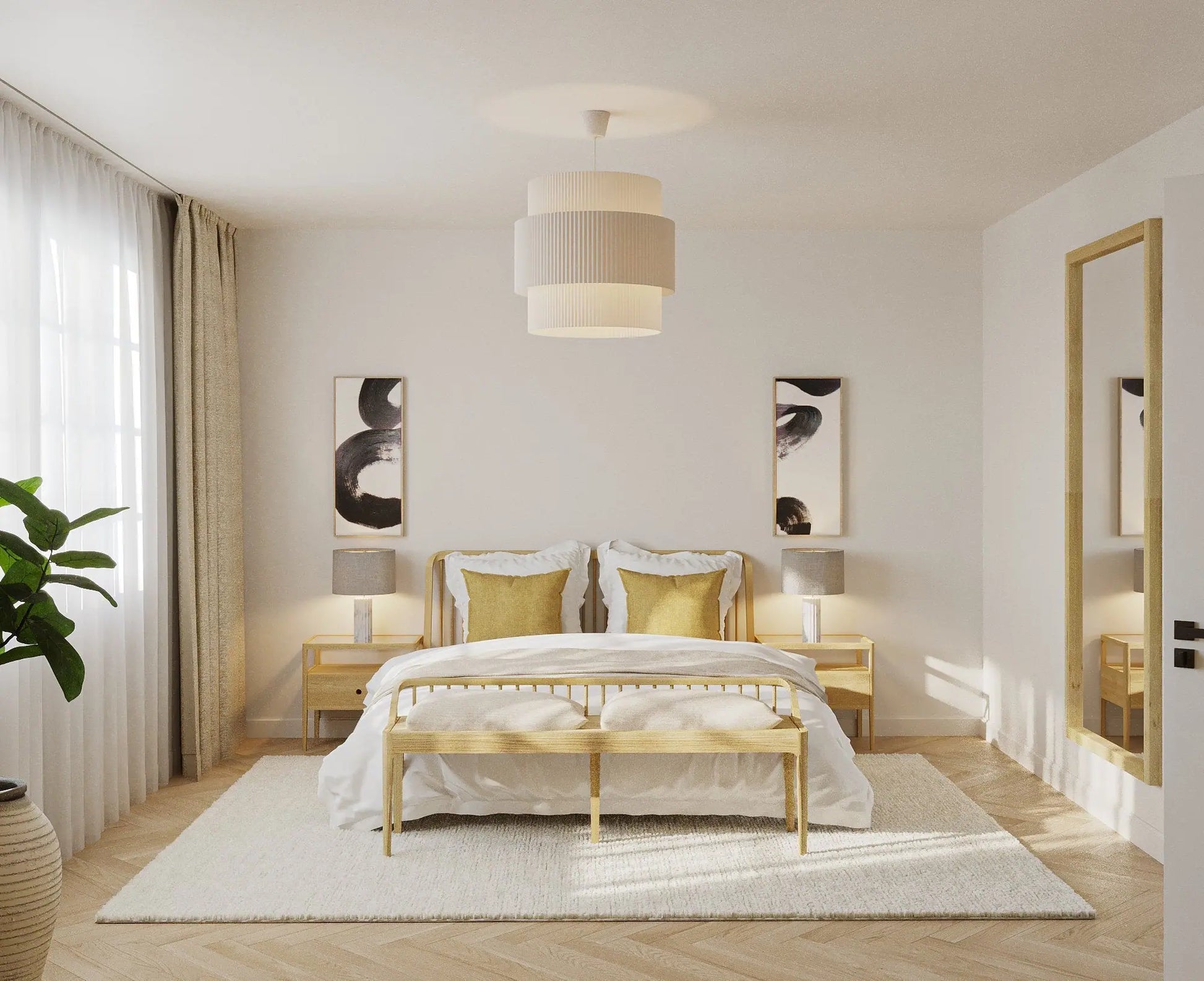 Neutral Scandi bedroom with light wood furniture, cozy bedding, and a calm atmosphere.