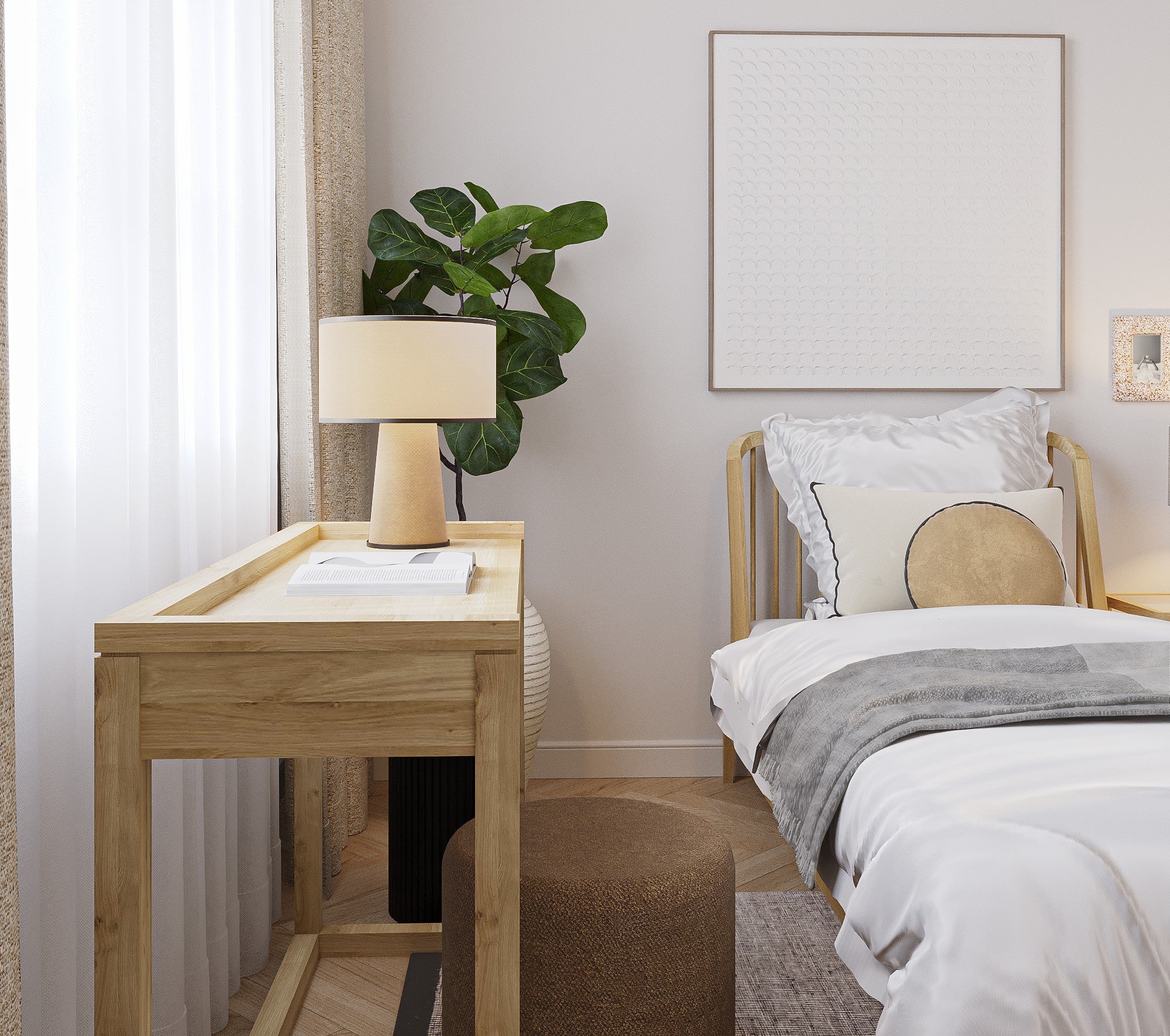 Cozy guest bedroom with Scandinavian-inspired decor and natural materials.