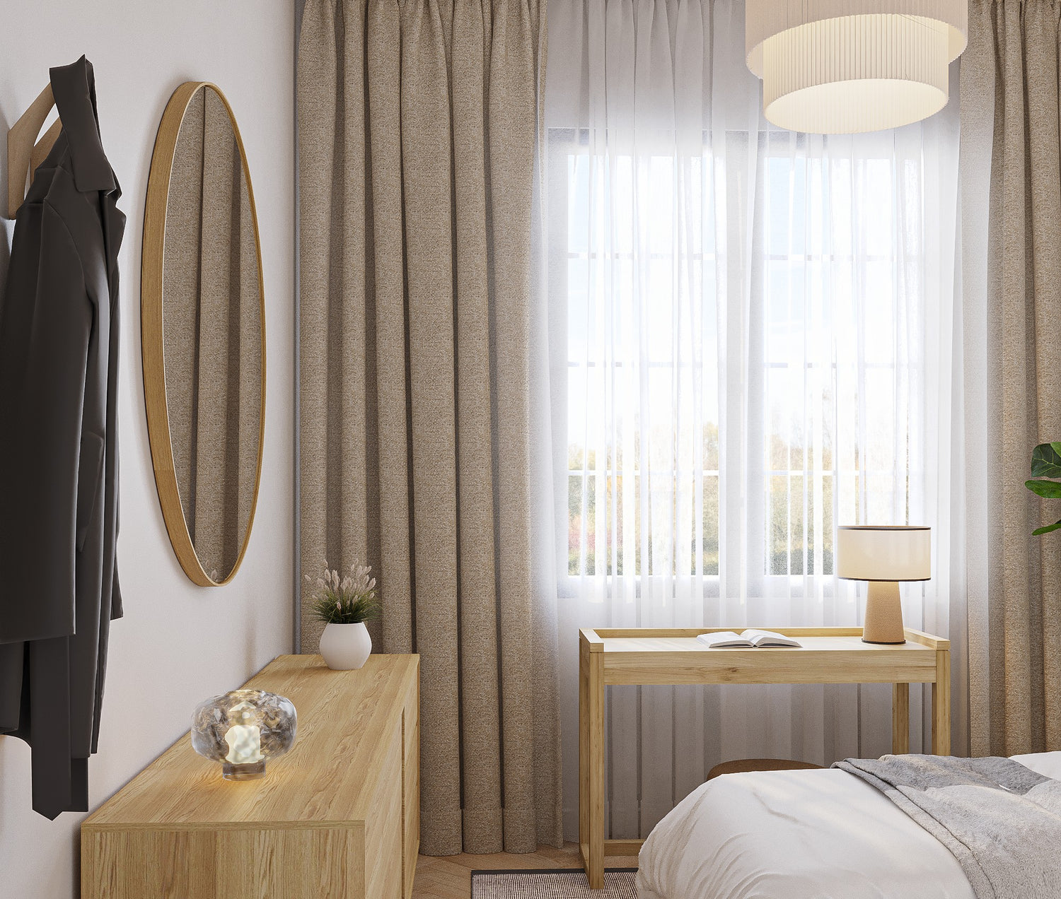 Cozy guest bedroom with Scandinavian-inspired decor and natural materials.