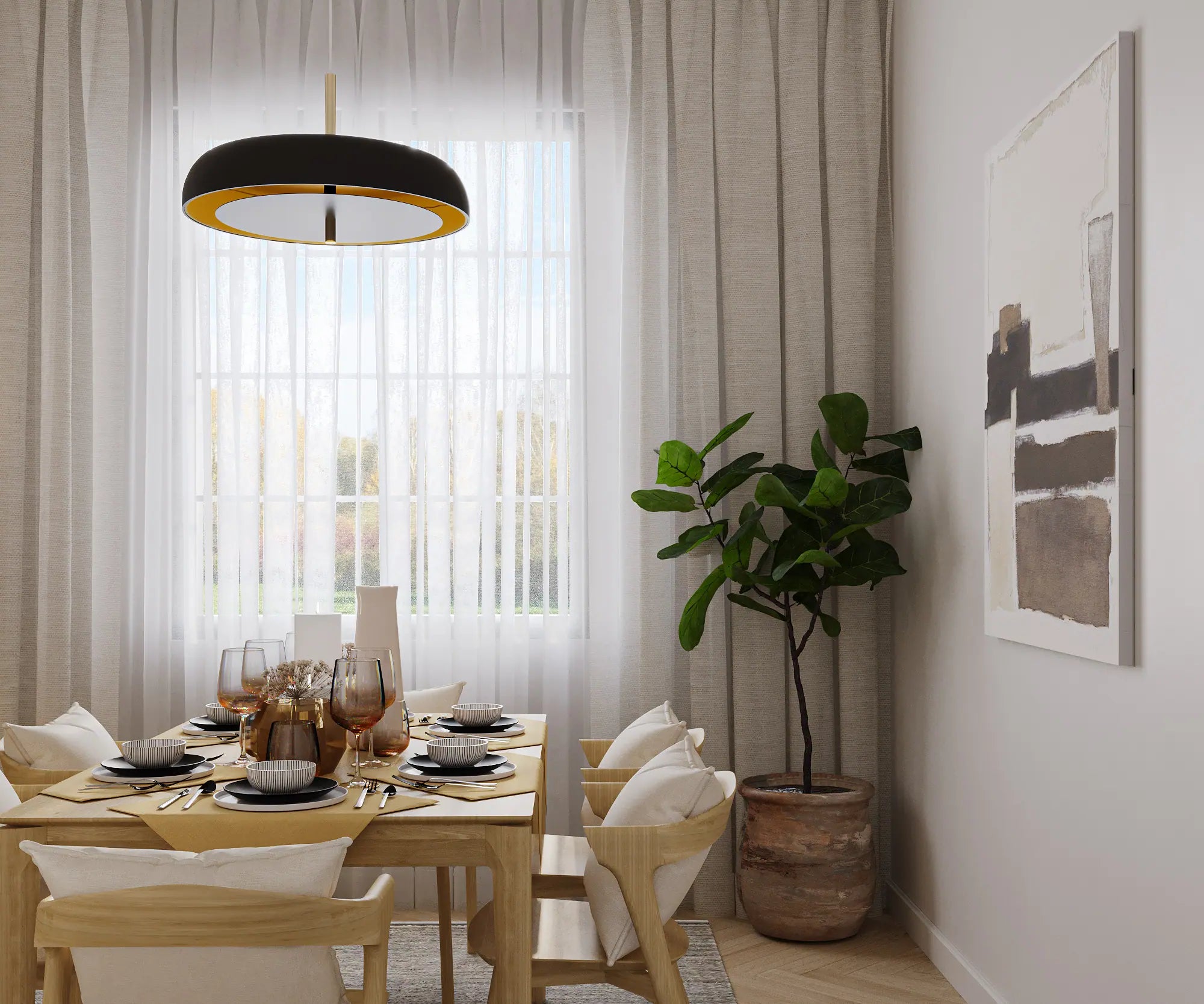 Scandi inspired dining room, with wooden details and light colour scheme.