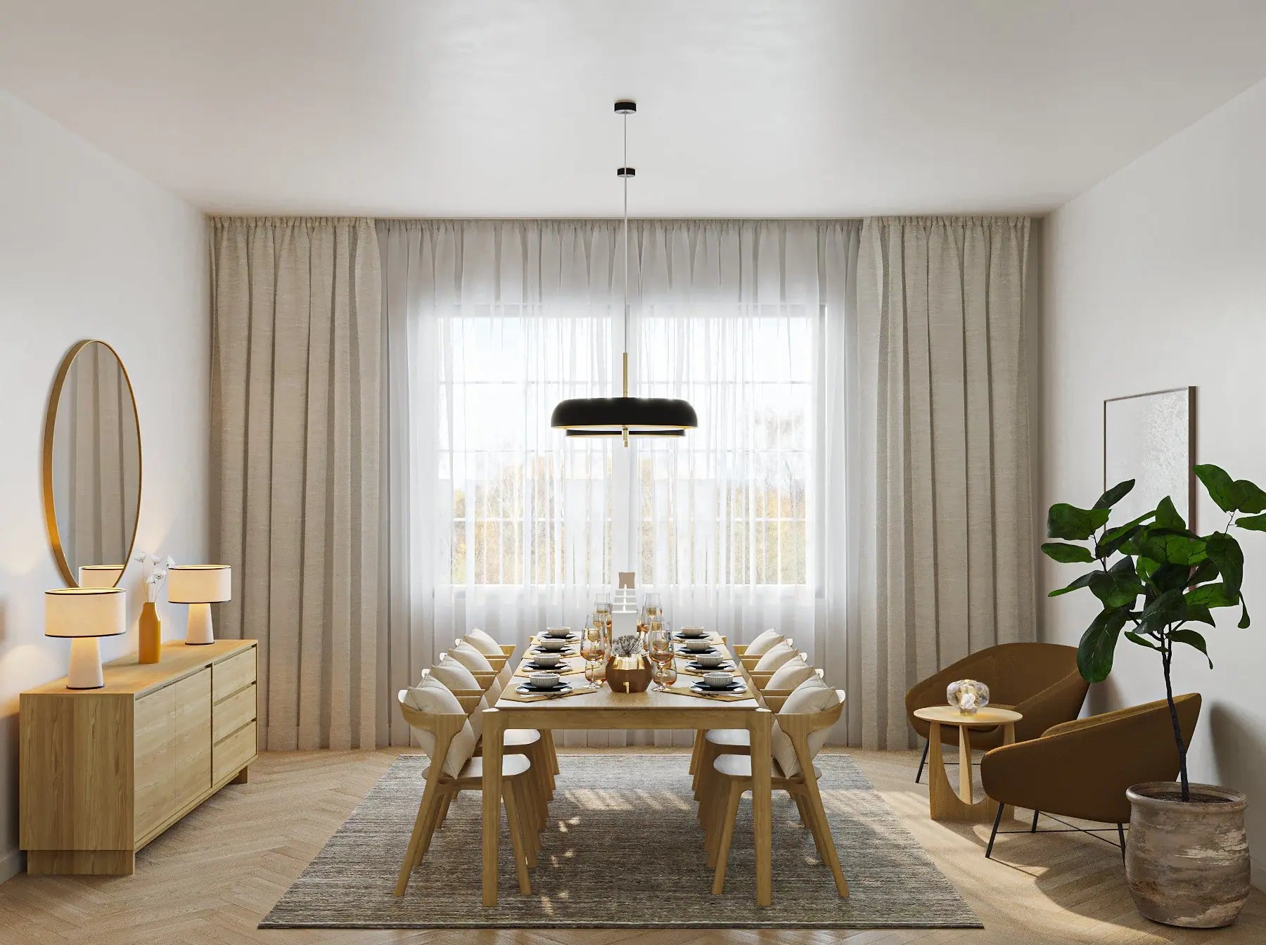 Modern dining room with Scandinavian influences, light wood tones, and soft fabrics.