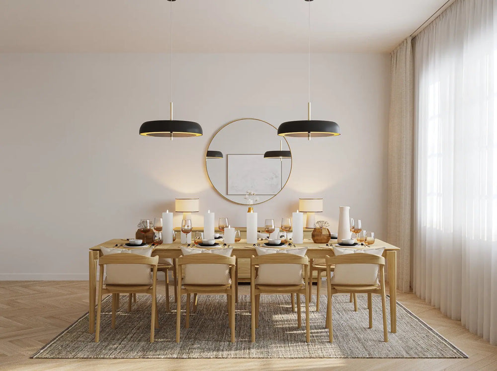 Modern dining room with Scandinavian influences, light wood tones, and soft fabrics.