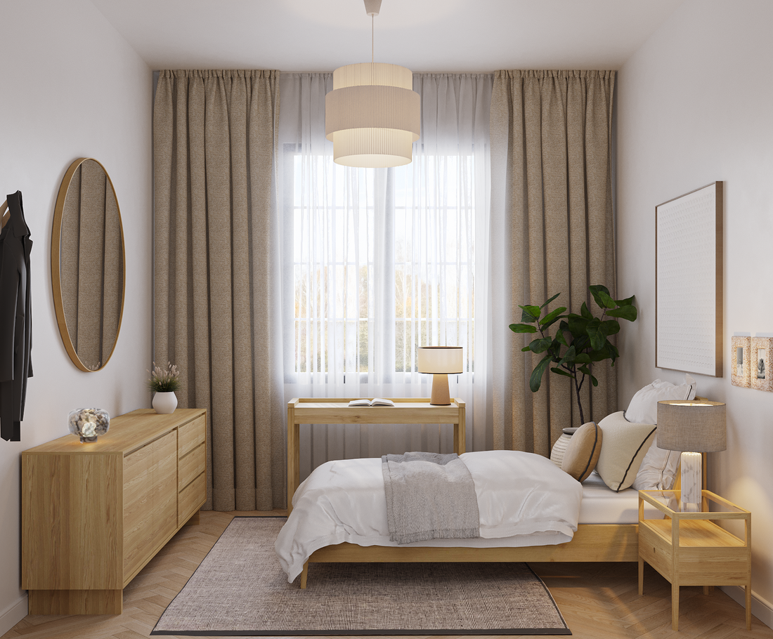Cozy guest bedroom with Scandinavian-inspired decor and natural materials.