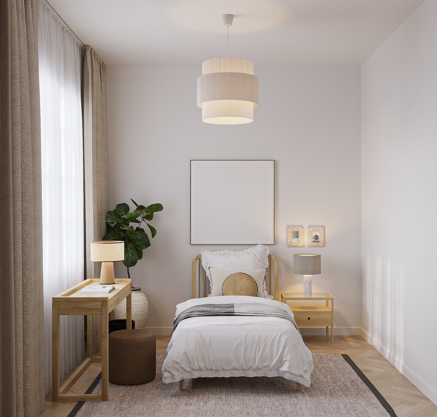 Cozy guest bedroom with Scandinavian-inspired decor and natural materials.
