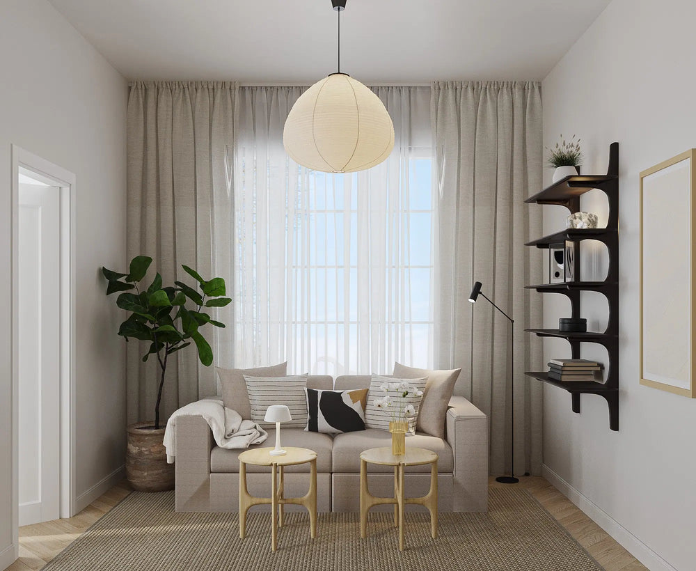 Scandinavian-style living room with neutral tones and minimalist wood furniture.