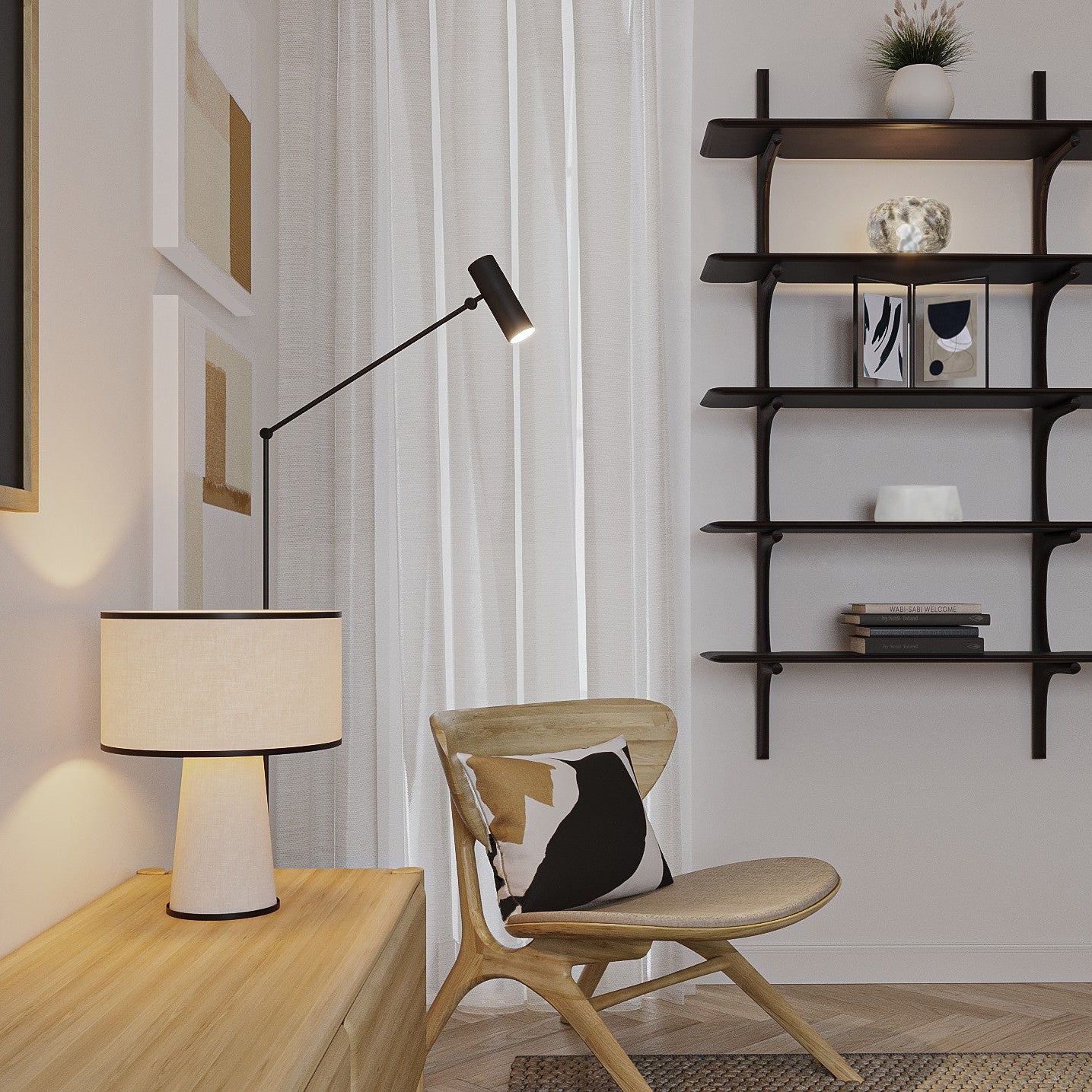 Scandinavian-style living room with neutral tones and minimalist wood furniture.