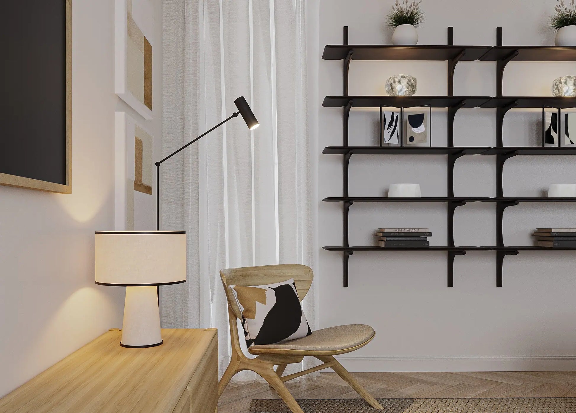 Scandinavian-style living room with neutral tones and minimalist wood furniture.