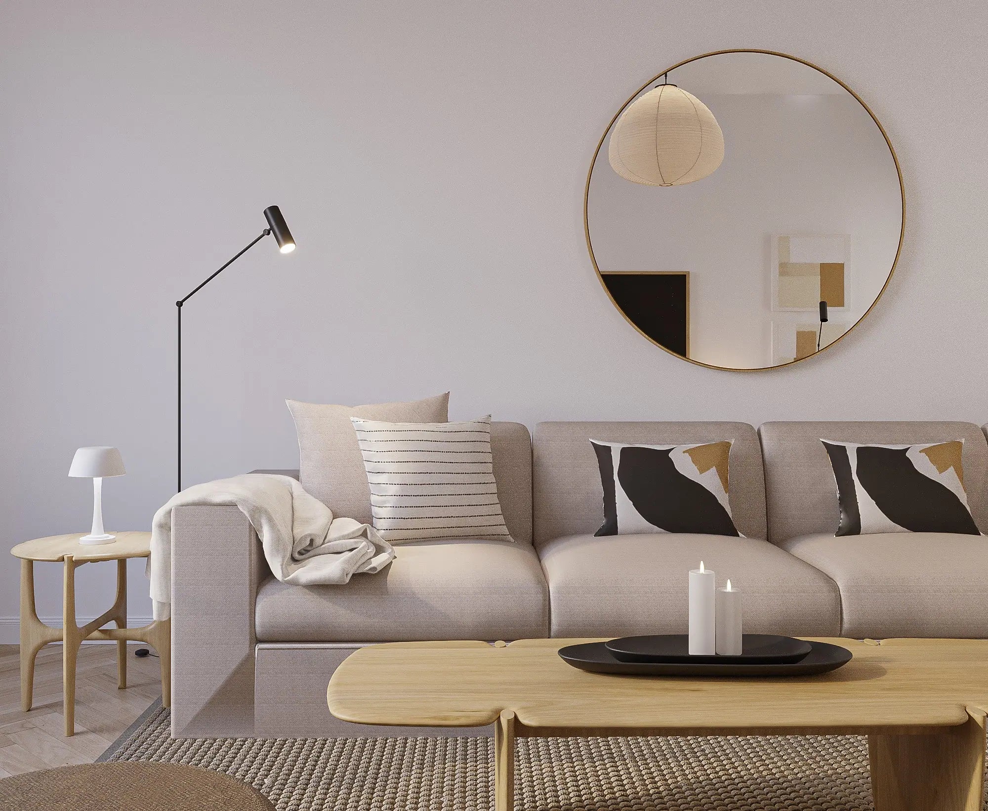 Scandinavian-style living room with neutral tones and minimalist wood furniture.