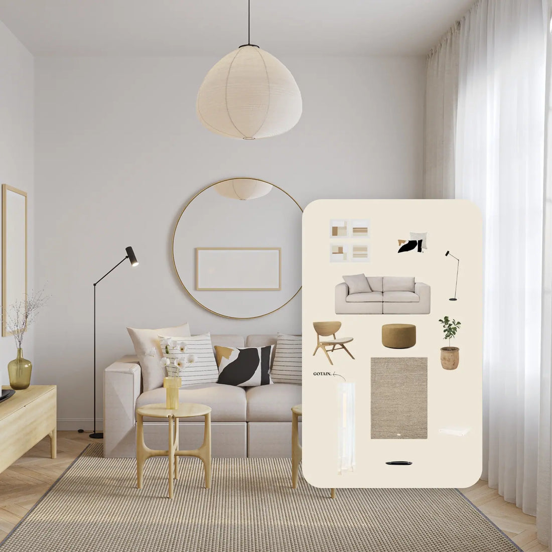 Scandi inspired living room with a sofa, coffee table, and decorative items.