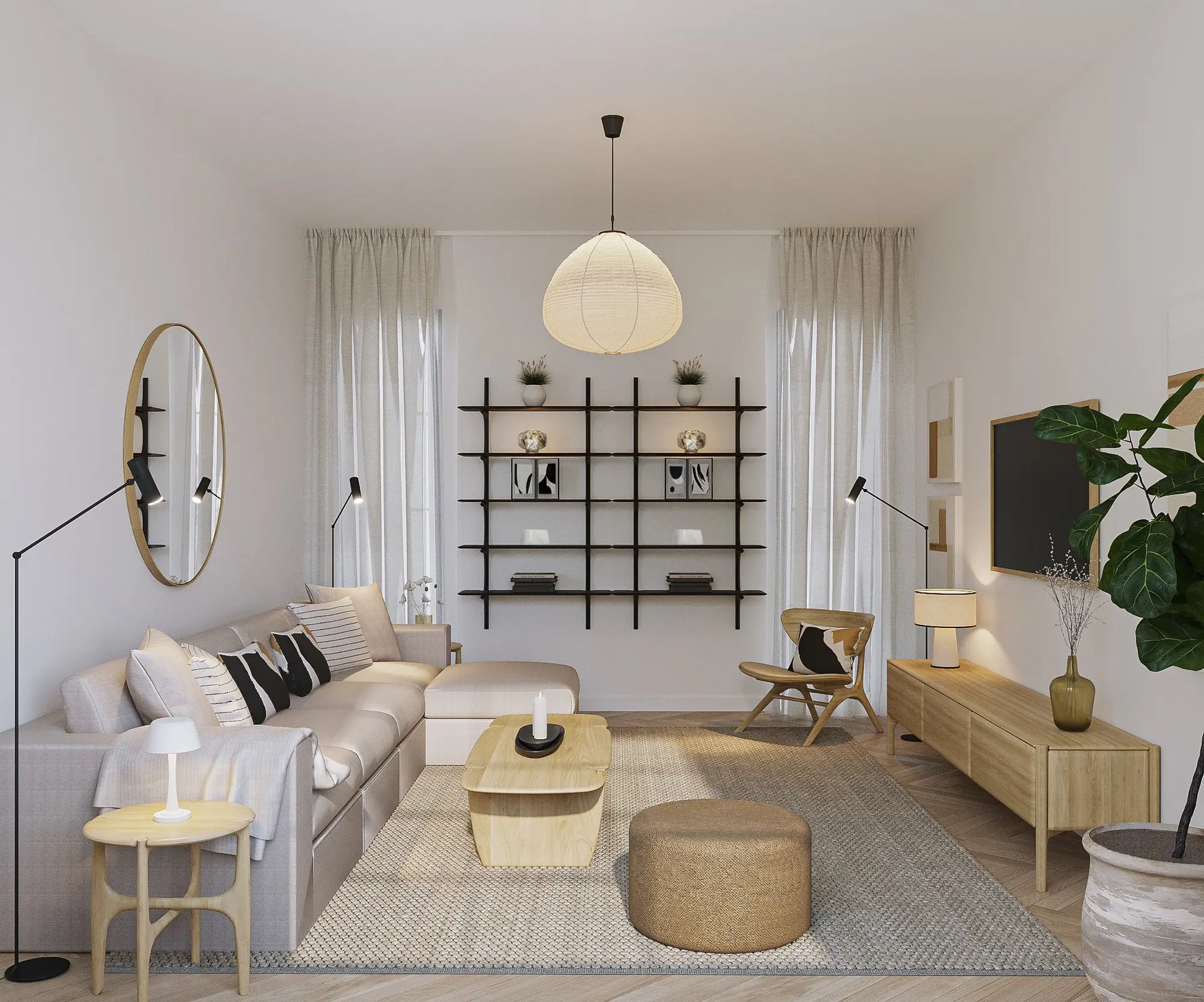 Scandinavian-style living room with neutral tones and minimalist wood furniture.