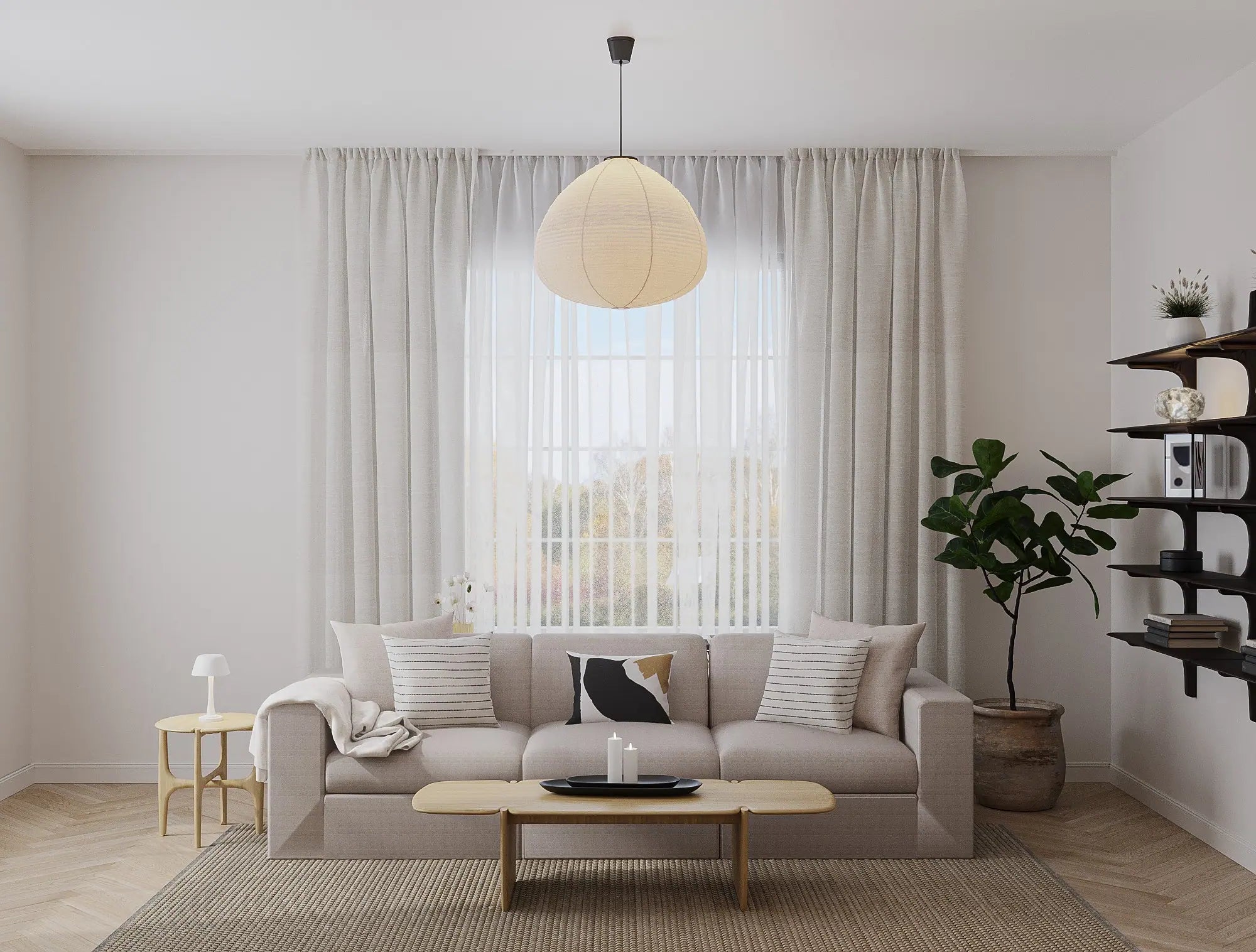 Scandinavian-style living room with neutral tones and minimalist wood furniture.