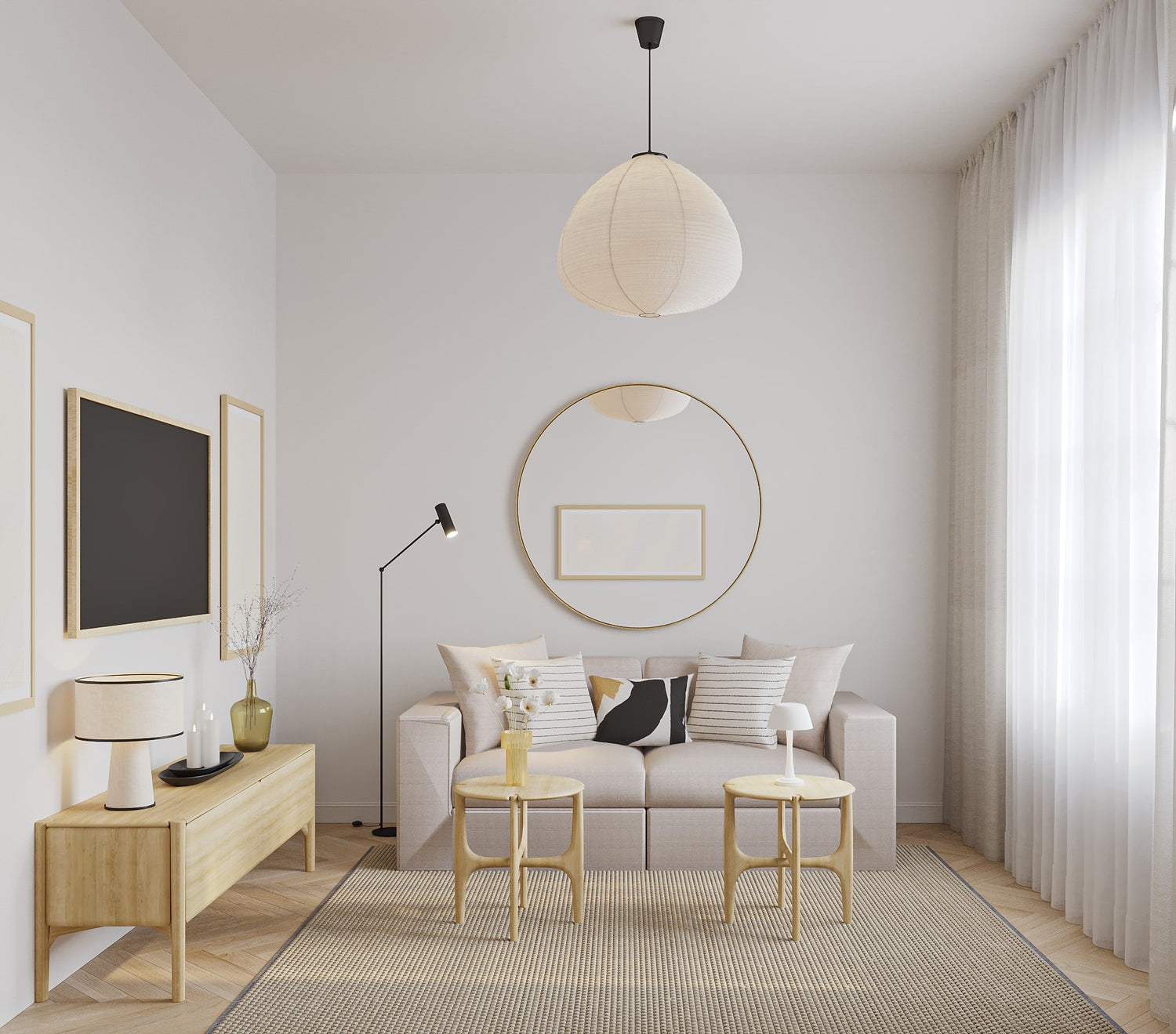 Scandinavian-style living room with neutral tones and minimalist wood furniture.