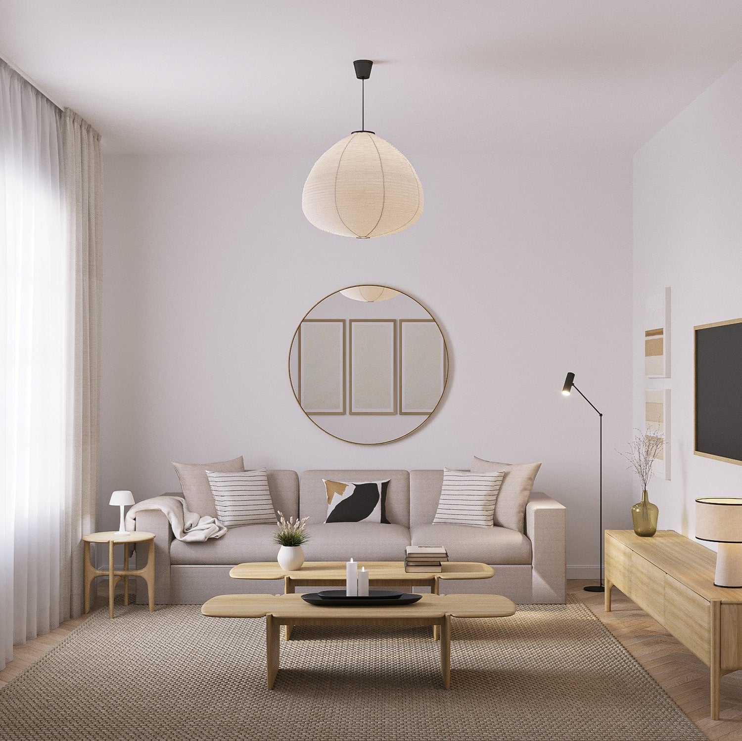 Scandinavian-style living room with neutral tones and minimalist wood furniture.