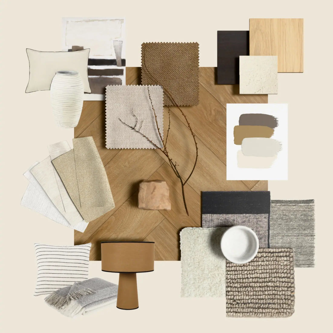 Scandi inspired material board with fabric swatches and home decor items on a neutral background