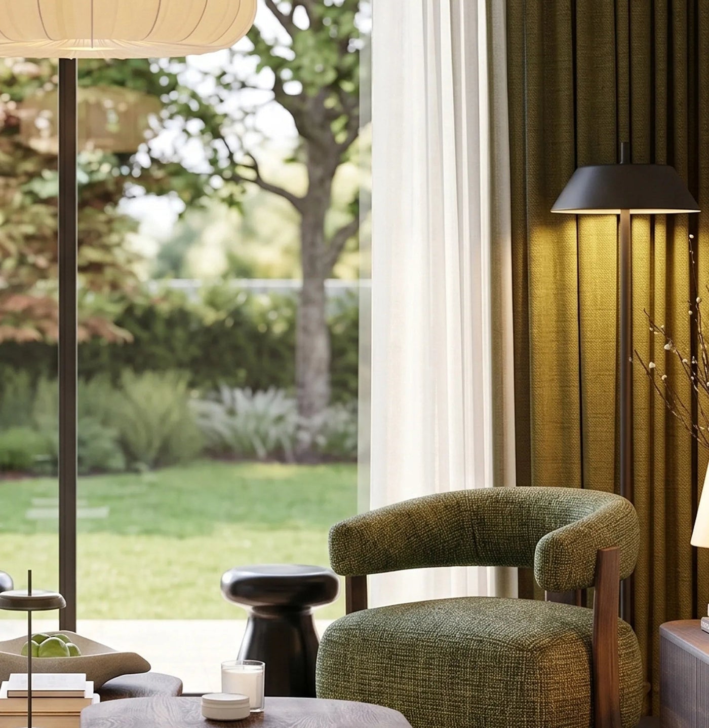 Professionally designed living room with olive green boucle armchair, walnut coffee table and garden view, The Ro package by Formed & Furnished