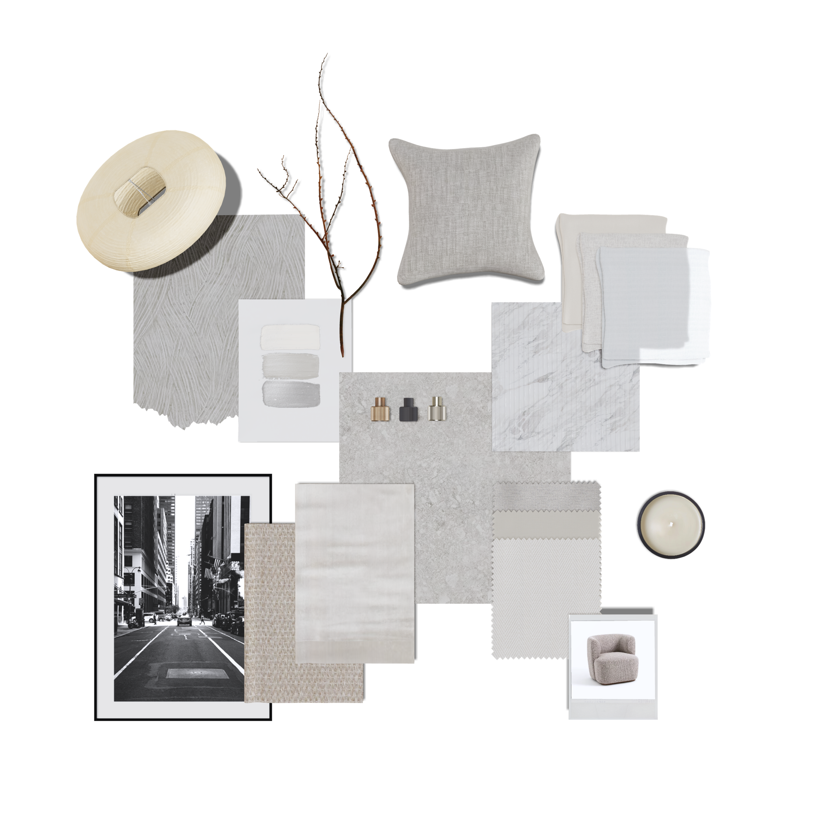 Minimal and clean material and colour board. Featuring grey and white fabrics. With black accents.