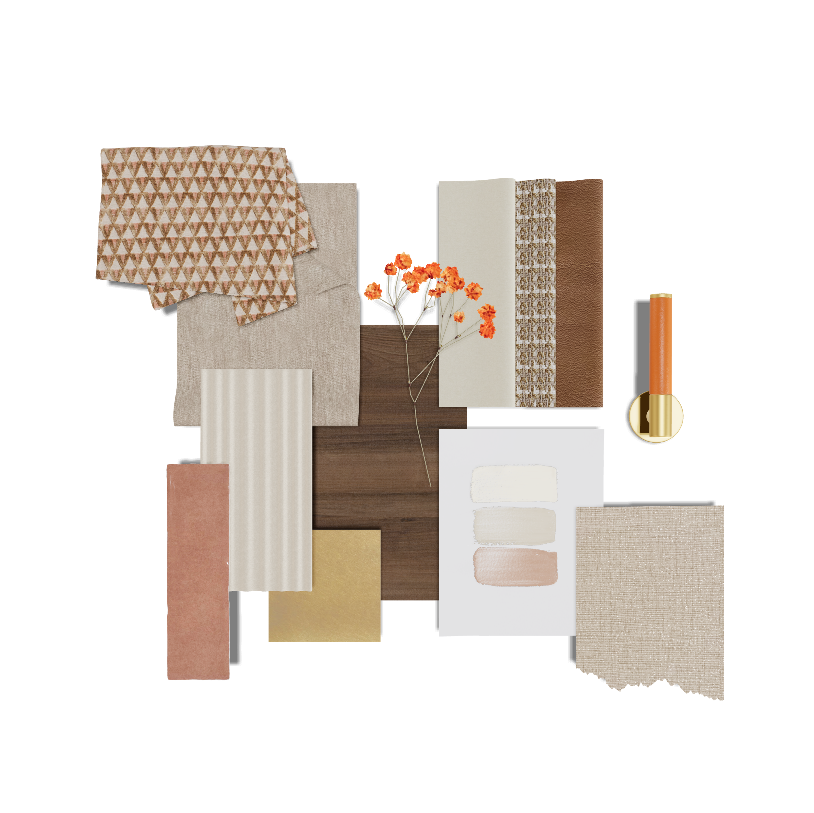 Retro inspired material and colour board. With printed fabrics in brown, beige and orange shades.