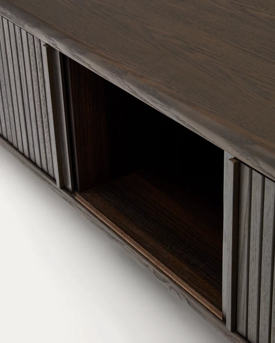 Dark wood TV sideboard with vertical slat panel doors – The Ro living room furniture package by Formed & Furnished