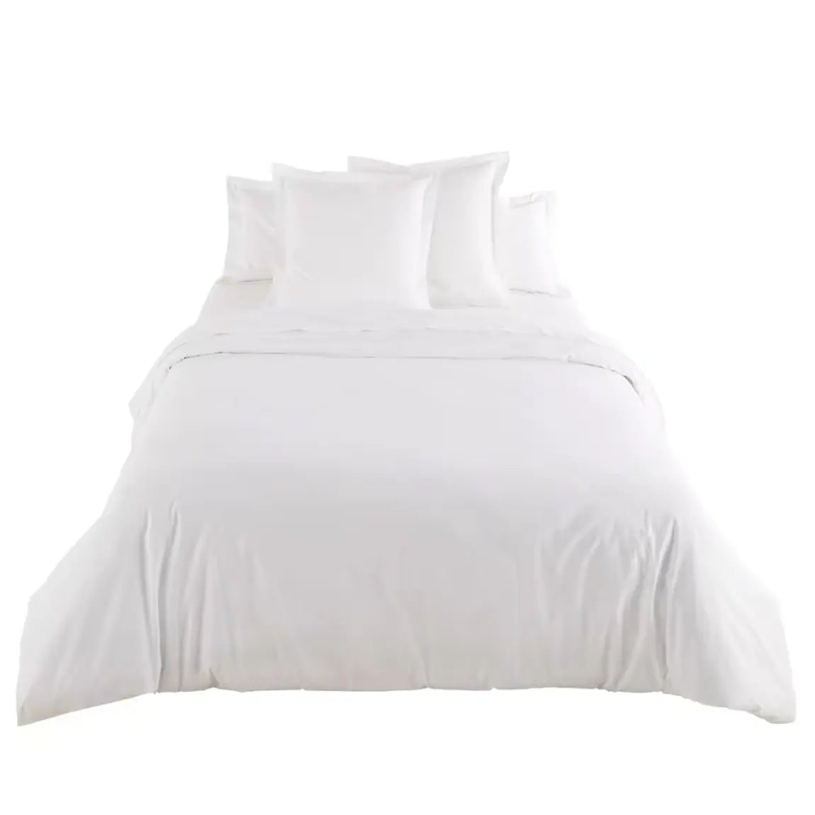 Soft white bedding layered in Scandinavian-style bedroom with neutral tones.